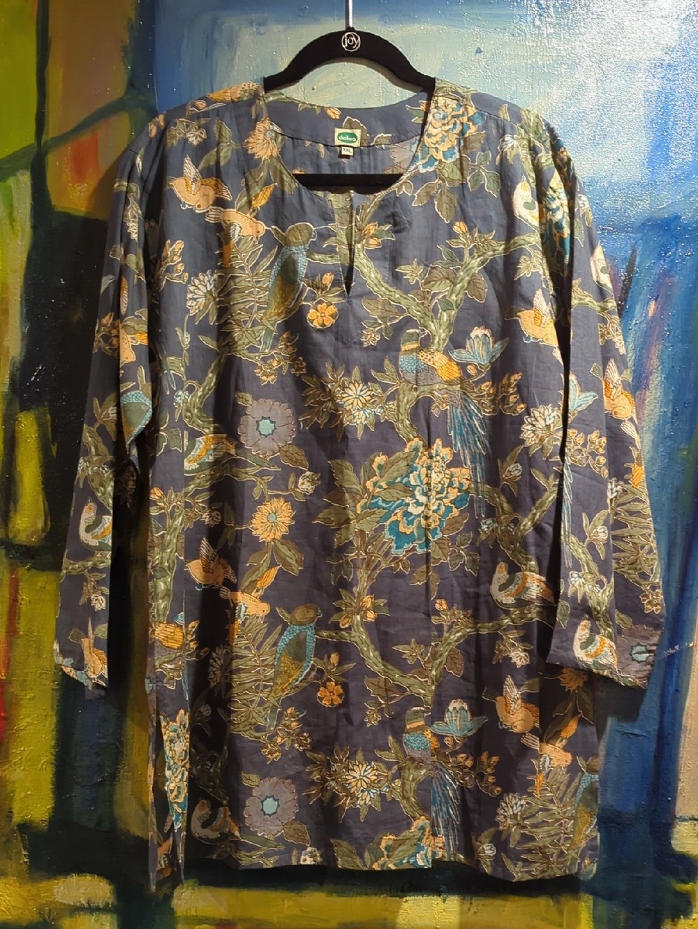 Dolma navy blue cotton tunic with a floral bird print size XXL